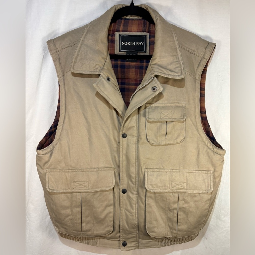 North Bay Vest Khaki Flannel Lined Fishing Hunting Mens Large 100% Cotton